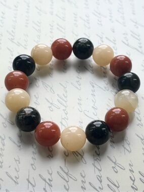 Chunky Natural Multi-Color Beaded Stretch Bracelet - Black, Yellow & Red Jade